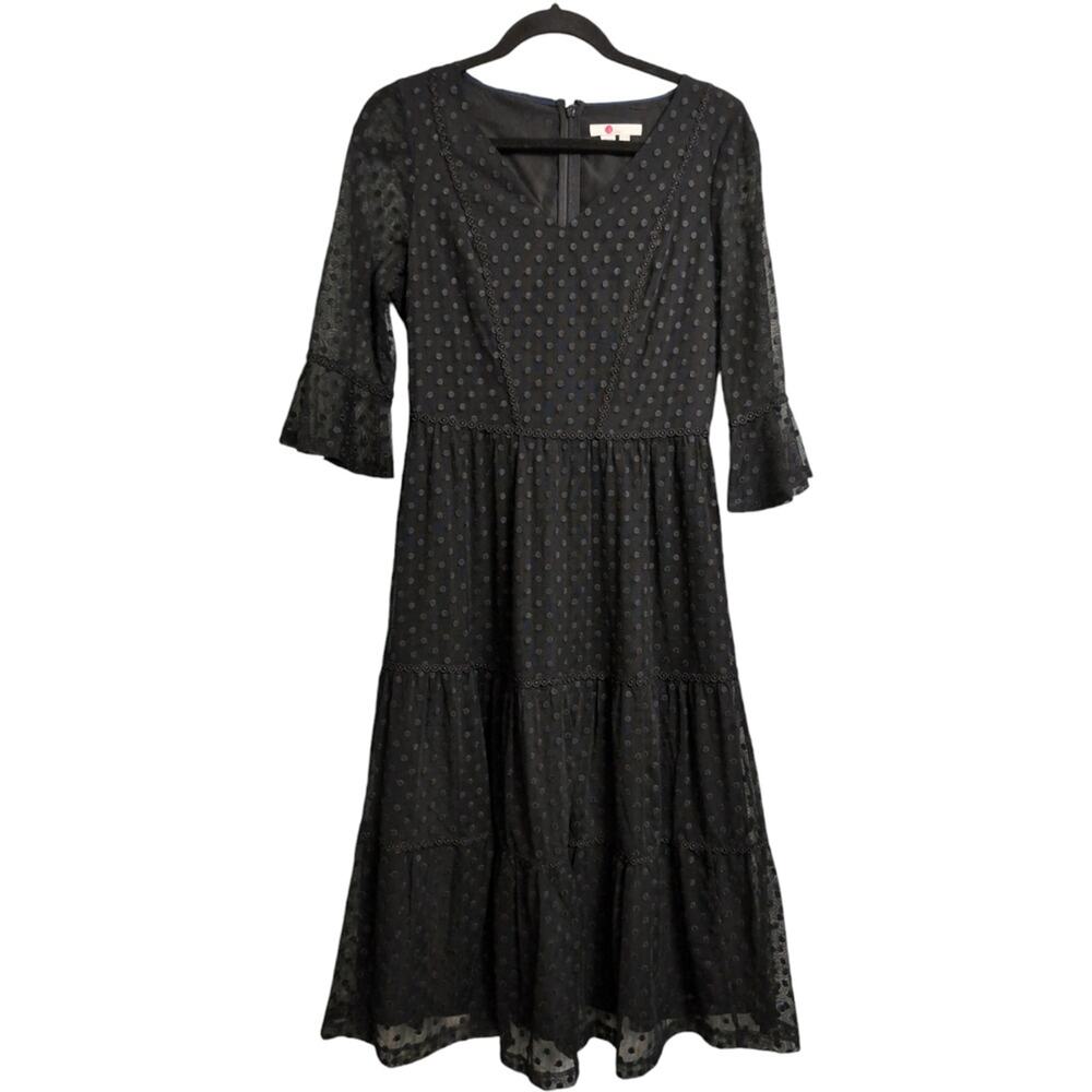 Boden Black Polka Dot V Neck 3 4 Sleeve Flared Cuff Midi Dress Size 6R